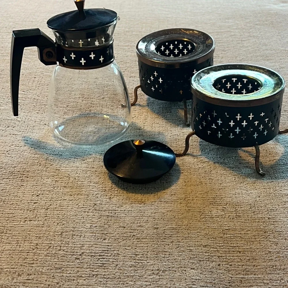 Vintage Mid Century Modern Coffee Carafe and 2 Candle Warmers Atomic Cross Black